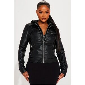 Black PU leather jacket double zipper closure hooded size s